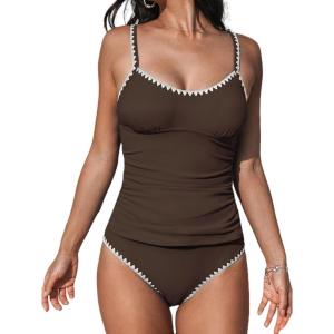 imageCUPSHE Womens Tankini Sets Two Piece Swimsuit Scoop Neck Mid Rise Adjustable Straps Shell Stitched XS4XLBrown