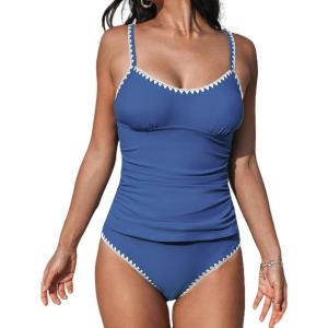 imageCUPSHE Womens Tankini Sets Two Piece Swimsuit Scoop Neck Mid Rise Adjustable Straps Shell Stitched XS4XLSlate Blue