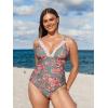 imageCUPSHE Women Swimsuit Plus Size One Piece Lace V Neck Ruched Front Tummy Control with Adjustable Wide StrapsGrayPink Floral