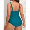 imageCUPSHE Women Swimsuit Plus Size One Piece Lace V Neck Ruched Front Tummy Control with Adjustable Wide StrapsTeal