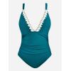 imageCUPSHE Women Swimsuit Plus Size One Piece Lace V Neck Ruched Front Tummy Control with Adjustable Wide StrapsTeal
