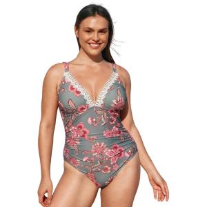 imageCUPSHE Women Swimsuit Plus Size One Piece Lace V Neck Ruched Front Tummy Control with Adjustable Wide StrapsGrayPink Floral