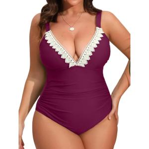 imageCUPSHE Women Swimsuit Plus Size One Piece Lace V Neck Ruched Front Tummy Control with Adjustable Wide StrapsWine Red