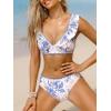 imageCUPSHE Womens Bikini Sets V Neck Ruffled Wide Adjustable Straps Bathing Suit Standard Rise Whip Stitch TrimBlue Floral