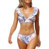 imageCUPSHE Womens Bikini Sets V Neck Ruffled Wide Adjustable Straps Bathing Suit Standard Rise Whip Stitch TrimBlue Floral