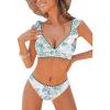 imageCUPSHE Womens Bikini Sets V Neck Ruffled Wide Adjustable Straps Bathing Suit Standard Rise Whip Stitch TrimGreen Floral