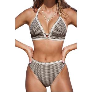 imageCUPSHE Womens Bikini Sets Two Piece Swimsuit High Waisted V Neck High Leg Cut Cheeky Bottom Bathing Suit Color BlockBrownBeige Gingham