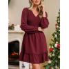 imageCUPSHE Fall Dresses for Women Casual Long Sleeve Ruffle V Neck Smocked A Line Flowy Mini DressRed