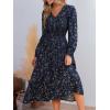 imageCUPSHE Fall Dresses for Women Floral Casual Long Sleeve V Neck Smocked A Line Flowy Maxi DressNavy Blue