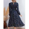 imageCUPSHE Fall Dresses for Women Floral Casual Long Sleeve V Neck Smocked A Line Flowy Maxi DressNavy Blue