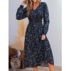 imageCUPSHE Fall Dresses for Women Floral Casual Long Sleeve V Neck Smocked A Line Flowy Maxi DressNavy Blue