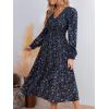 imageCUPSHE Fall Dresses for Women Floral Casual Long Sleeve V Neck Smocked A Line Flowy Maxi DressNavy Blue