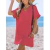 imageCUPSHE Swimsuit Coverup for Women Waffle Knit V Neck Short Sleeve Beach Coverup Dress with PocketsLight Red