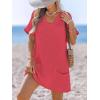imageCUPSHE Swimsuit Coverup for Women Waffle Knit V Neck Short Sleeve Beach Coverup Dress with PocketsLight Red