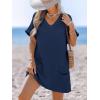 imageCUPSHE Swimsuit Coverup for Women Waffle Knit V Neck Short Sleeve Beach Coverup Dress with PocketsNavy Blue