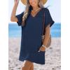 imageCUPSHE Swimsuit Coverup for Women Waffle Knit V Neck Short Sleeve Beach Coverup Dress with PocketsNavy Blue