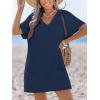 imageCUPSHE Swimsuit Coverup for Women Waffle Knit V Neck Short Sleeve Beach Coverup Dress with PocketsNavy Blue