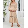 imageCUPSHE Womens Maternity Maxi Dresses Square Neck Smocked Baby Shower Long Sleeve Ruffled Fashion Casual Fall Pregnancy DressBeige