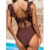 imageCUPSHE Womens Ruffled One Piece Swimsuit V Neck Lace UpChocolate Brown