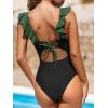 imageCUPSHE Womens Ruffled One Piece Swimsuit V Neck Lace UpForest GreenBlack