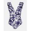 imageCUPSHE Womens Ruffled One Piece Swimsuit V Neck Lace UpWhiteNavy Floral