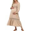 imageCUPSHE Womens Maternity Maxi Dresses Square Neck Smocked Baby Shower Long Sleeve Ruffled Fashion Casual Fall Pregnancy DressBeige
