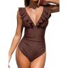 imageCUPSHE Womens Ruffled One Piece Swimsuit V Neck Lace UpChocolate Brown