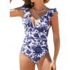 imageCUPSHE Womens Ruffled One Piece Swimsuit V Neck Lace UpWhiteNavy Floral