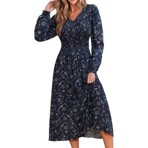imageCUPSHE Fall Dresses for Women Floral Casual Long Sleeve V Neck Smocked A Line Flowy Maxi DressNavy Blue