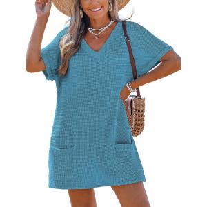 imageCUPSHE Swimsuit Coverup for Women Waffle Knit V Neck Short Sleeve Beach Coverup Dress with PocketsBlue