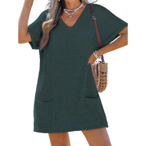 imageCUPSHE Swimsuit Coverup for Women Waffle Knit V Neck Short Sleeve Beach Coverup Dress with PocketsDark Green