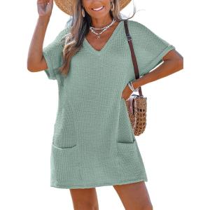 imageCUPSHE Swimsuit Coverup for Women Waffle Knit V Neck Short Sleeve Beach Coverup Dress with PocketsGreen
