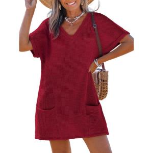 imageCUPSHE Swimsuit Coverup for Women Waffle Knit V Neck Short Sleeve Beach Coverup Dress with PocketsRed