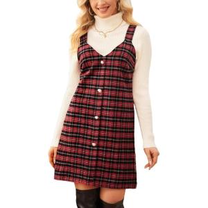 imageCUPSHE Women Fall Dresses for Women Plaid V Neck Sleeveless Wide Straps Holiday Pinafore Mini Overall DressRed