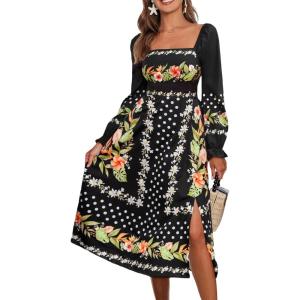 imageCUPSHE Womens Fall Dresses Floral Square Neck Long Puff Sleeve Flowy Casual A Line Midi DressBlack