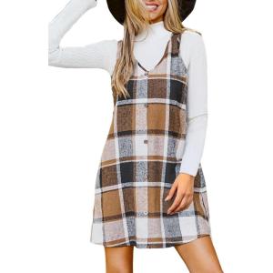 imageCUPSHE Womens Fall Dresses V Neck Plaid Sleeveless Wide Straps Casual Button Pinafore Overall Mini DressKhaki Plaid