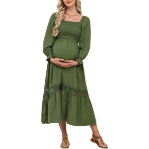 imageCUPSHE Womens Maternity Maxi Dresses Square Neck Smocked Baby Shower Long Sleeve Ruffled Fashion Casual Fall Pregnancy DressOlive Green