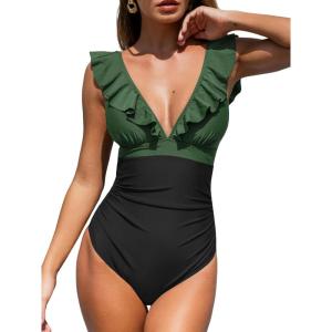 imageCUPSHE Womens Ruffled One Piece Swimsuit V Neck Lace UpForest GreenBlack