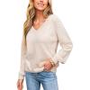 imageCUPSHE Womens Sweaters V Neck Long Sleeve Lightweight Soft Crochet Casual Pullover Sweater TopsBbeige