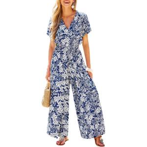 imageCUPSHE One Piece Jumpsuits for Women Casual Summer V Neck Batwing Sleeve Wide Leg Elegant Overalls Sexy Vacation OutfitsFloral Blue