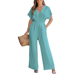 imageCUPSHE One Piece Jumpsuits for Women Casual Summer V Neck Batwing Sleeve Wide Leg Elegant Overalls Sexy Vacation OutfitsGreen