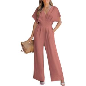 imageCUPSHE One Piece Jumpsuits for Women Casual Summer V Neck Batwing Sleeve Wide Leg Elegant Overalls Sexy Vacation OutfitsRose Red