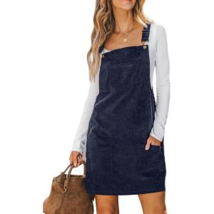 imageCUPSHE Women Corduroy Fall Dresses Front Bib Pocket Square Neck Wide Strap Casual Overall Mini DressNavy