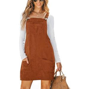 imageCUPSHE Women Corduroy Fall Dresses Front Bib Pocket Square Neck Wide Strap Casual Overall Mini DressOrange