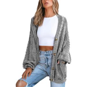imageCUPSHE Womens Oversized Cardigan Sweater Open Front 2025 Fall Long Sleeve Chunky Knit Button Loose Outwear with PocketsBlack