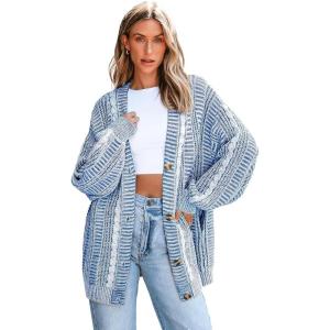 imageCUPSHE Womens Oversized Cardigan Sweater Open Front 2025 Fall Long Sleeve Chunky Knit Button Loose Outwear with PocketsBlue