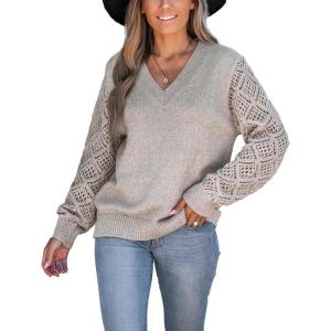 imageCUPSHE Womens Sweaters V Neck Long Sleeve Lightweight Soft Crochet Casual Pullover Sweater TopsKhaki