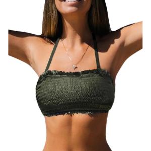 imageCUPSHE Womens Bikini Top Swimsuit Bandeau Top Back Tie with Removable Shoulder StrapsOlive Green