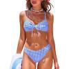 imageCUPSHE Womens Bikini Sets Two Piece Swimsuit V Neck Textured Back Self Tie Spaghetti Straps Mid RiseWhiteBlue Gingham