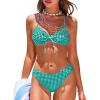 imageCUPSHE Womens Bikini Sets Two Piece Swimsuit V Neck Textured Back Self Tie Spaghetti Straps Mid RiseWhiteGreen Gingham